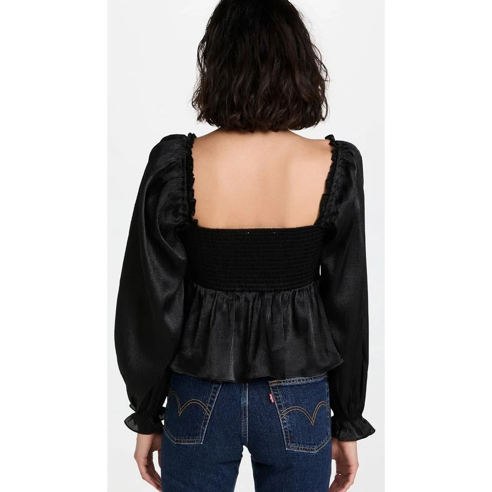 NWT ASTR The Label Sz Small IRENE Black Shine Babydoll‎ Top Smocked Back Ruffle